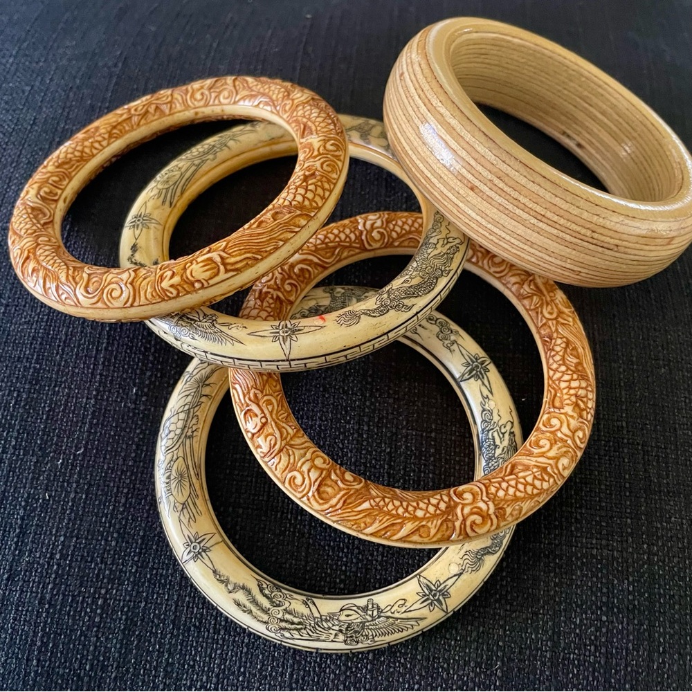Vintage 5 pc Asian-Inspired Carved Faux Ivory & Wood Bangle Set~Dragon Motif~Med